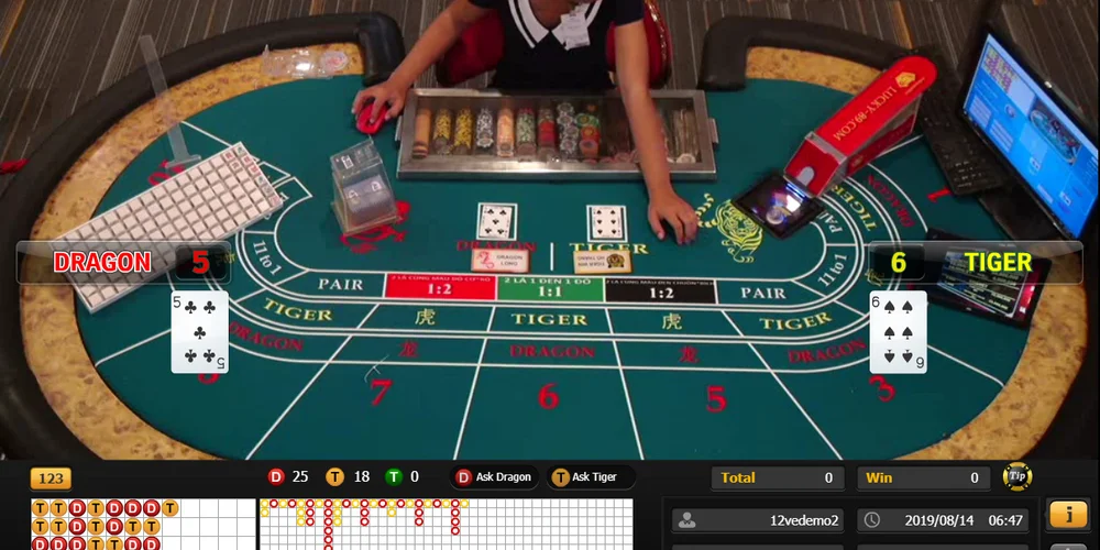 Dragon Tiger live casino table layout with Dragon and Tiger sectors