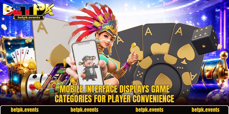 Mobile interface displays game categories for player convenience